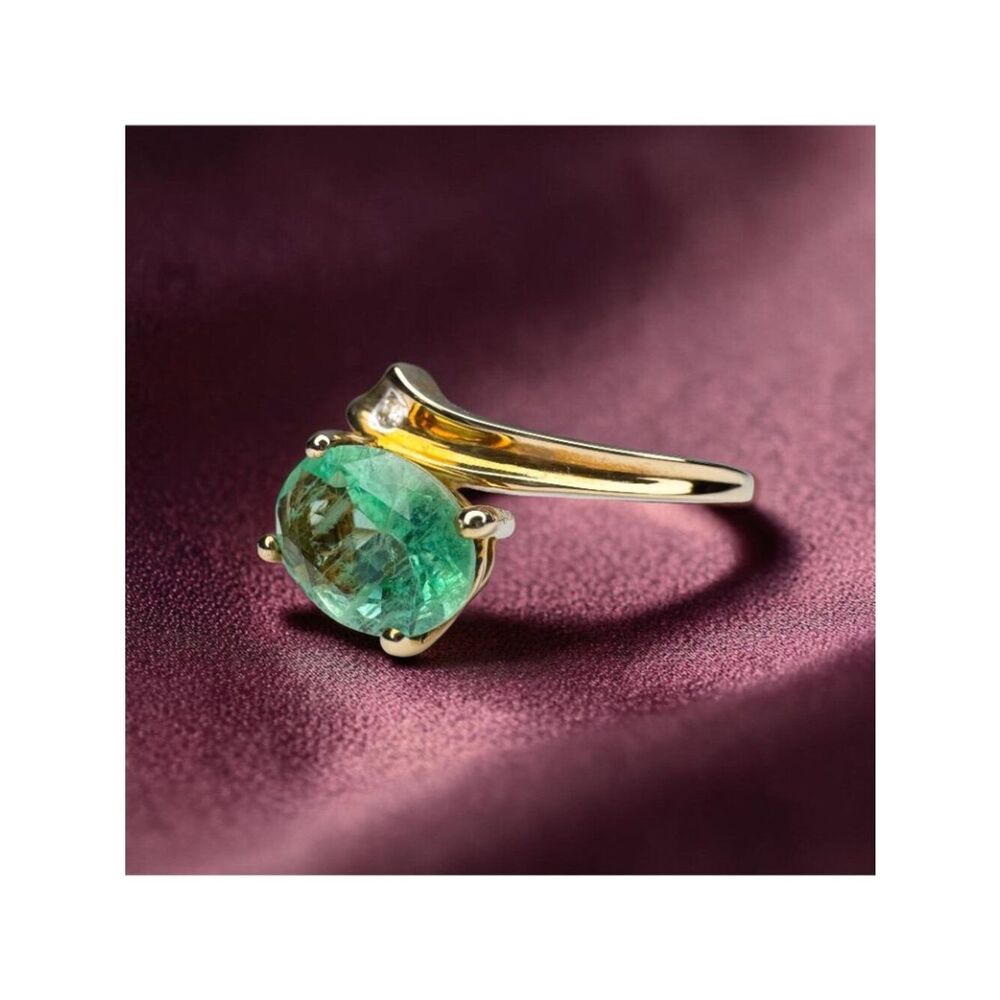 10K Gold- Natural Colombian Emerald & Diamond Ring -Size 8 -1ct Bypass Ring 2.2g - Picture 5 of 16